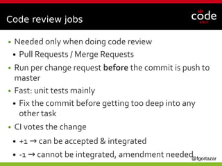 @fgortazar
Code review jobs
● Needed only when doing code review
● Pull Requests / Merge Requests
● Run per change request before the commit is push to
master
● Fast: unit tests mainly
● Fix the commit before getting too deep into any
other task
● CI votes the change
● +1 can be accepted & integrated→ 
● -1 cannot be integrated, amendment needed→ 
 