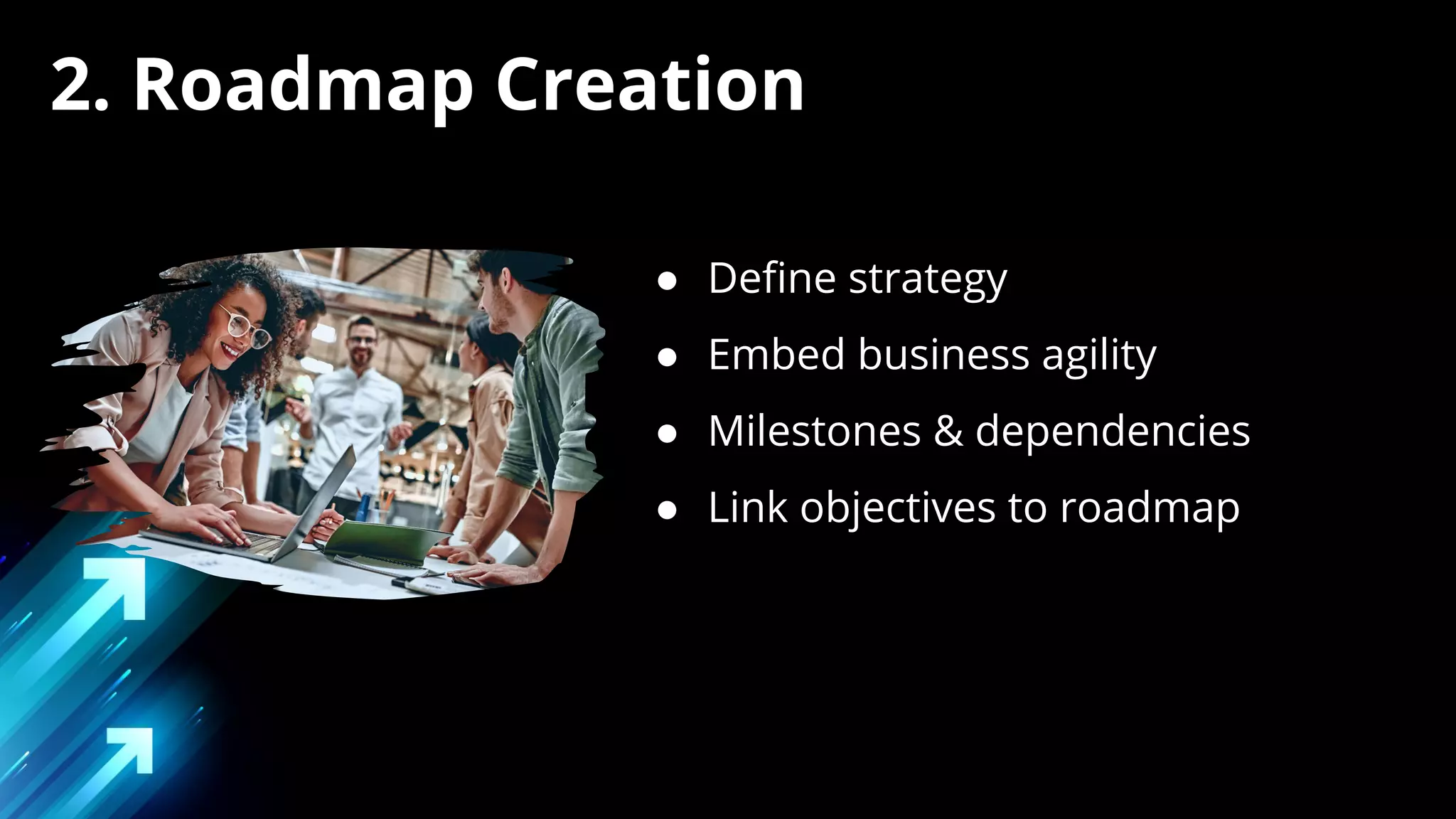 ● Deﬁne strategy
● Embed business agility
● Milestones & dependencies
● Link objectives to roadmap
2. Roadmap Creation
 