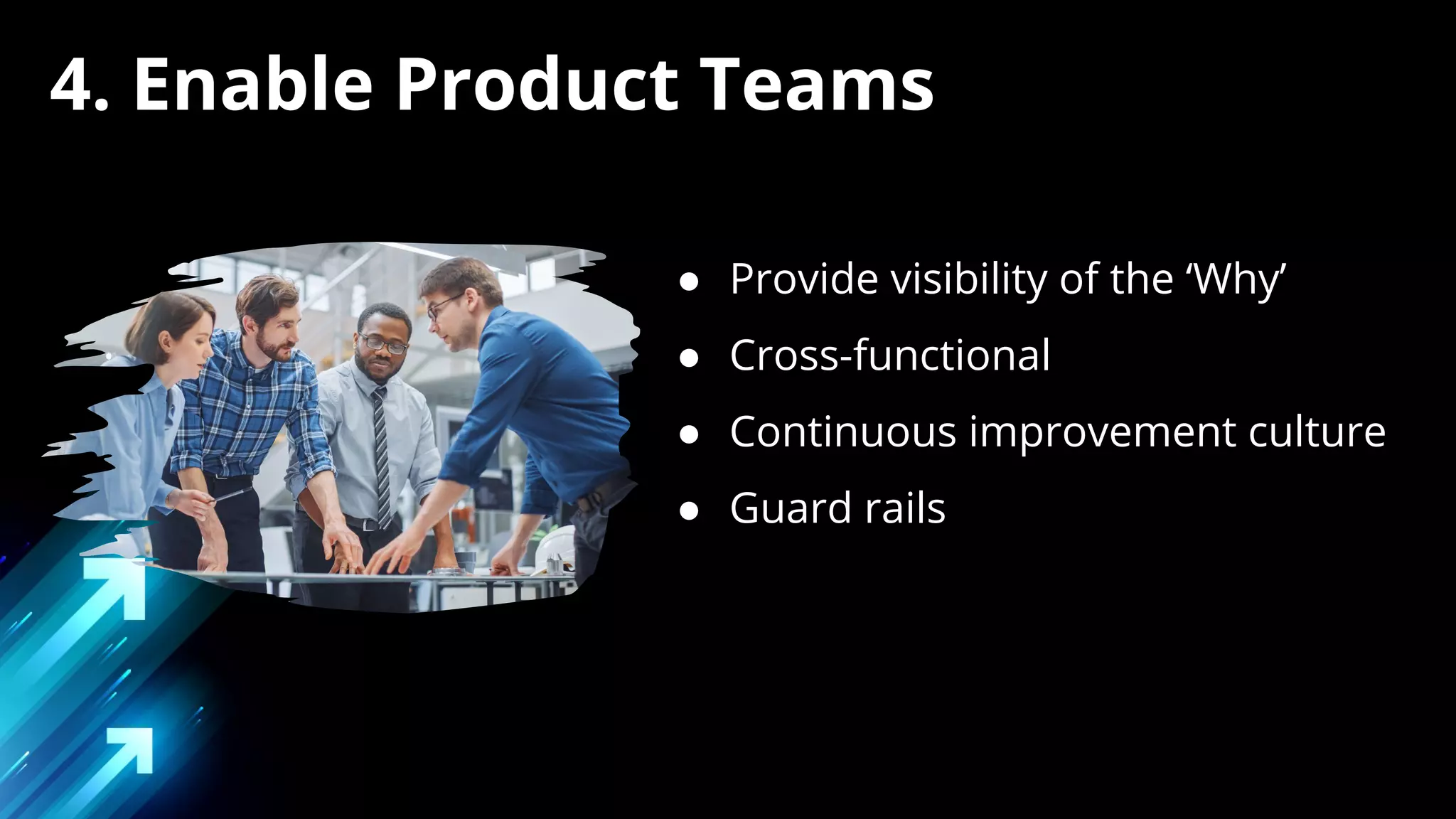 ● Provide visibility of the ‘Why’
● Cross-functional
● Continuous improvement culture
● Guard rails
4. Enable Product Teams
 