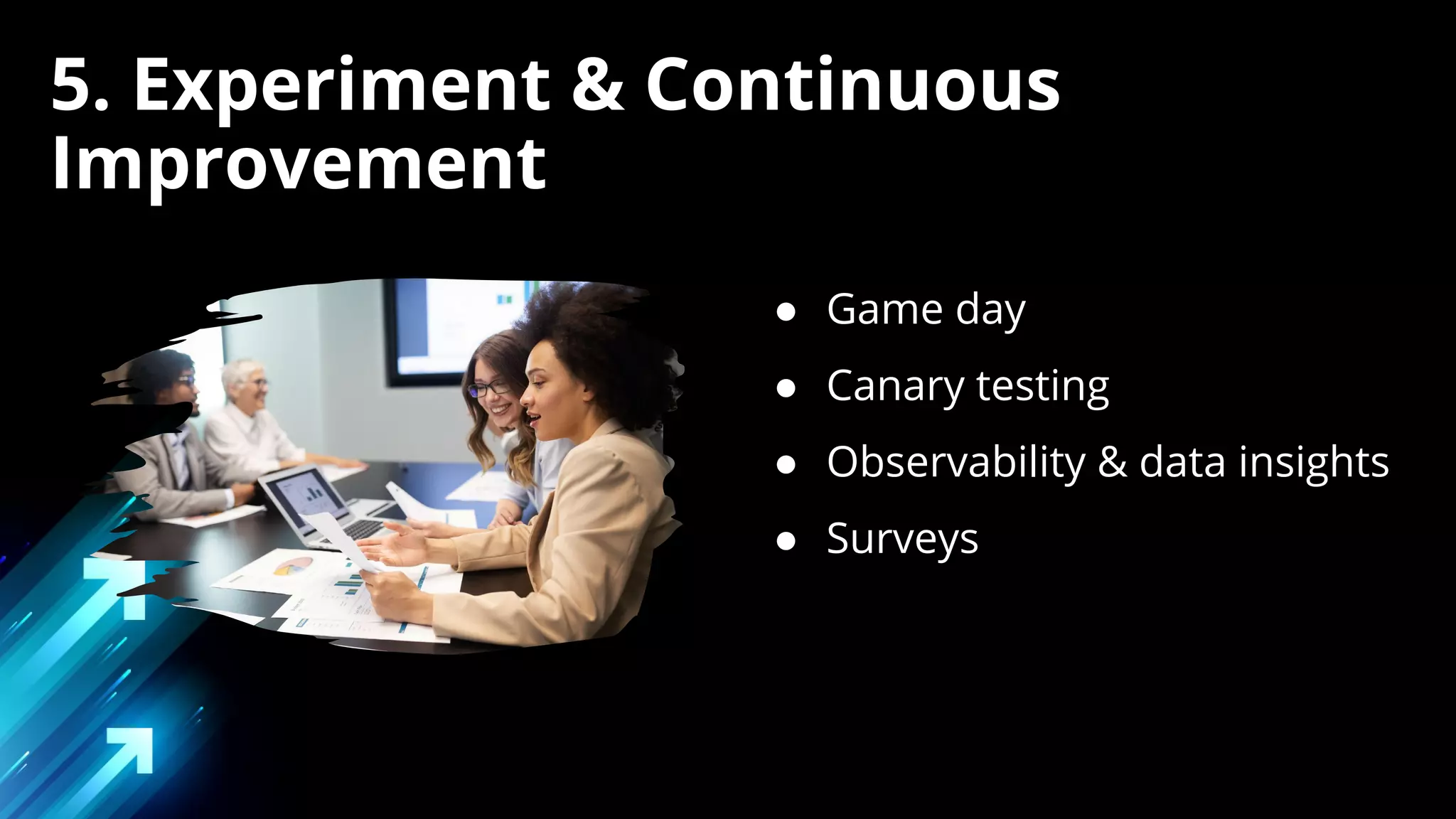 ● Game day
● Canary testing
● Observability & data insights
● Surveys
5. Experiment & Continuous
Improvement
 