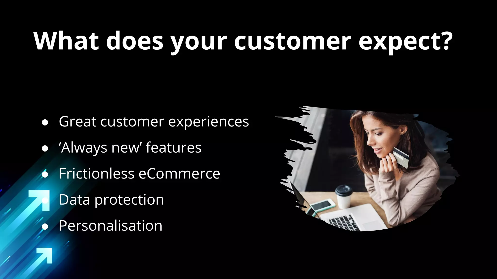 What does your customer expect?
● Great customer experiences
● ‘Always new’ features
● Frictionless eCommerce
● Data protection
● Personalisation
 