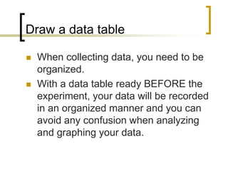 Draw a data table
 When collecting data, you need to be
organized.
 With a data table ready BEFORE the
experiment, your data will be recorded
in an organized manner and you can
avoid any confusion when analyzing
and graphing your data.
 