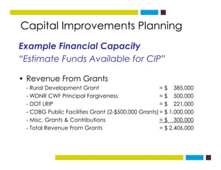 Capital Improvements Planningg
Example Financial Capacity
“Estimate Funds Available for CIP”
• Revenue From Grants
- Rural...