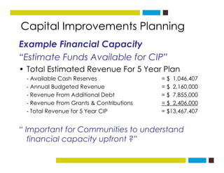 Capital Improvements Planningg
Example Financial Capacity
“E ti t F d A il bl f CIP”“Estimate Funds Available for CIP”
• T...