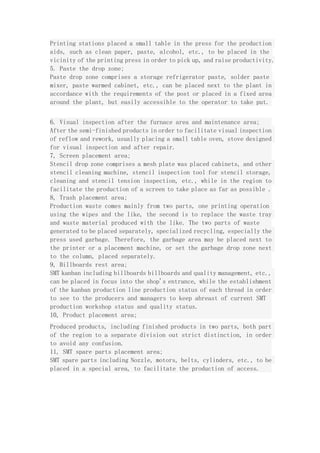 Printing stations placed a small table in the press for the production
aids, such as clean paper, paste, alcohol, etc., to be placed in the
vicinity of the printing press in order to pick up, and raise productivity.
5. Paste the drop zone;
Paste drop zone comprises a storage refrigerator paste, solder paste
mixer, paste warmed cabinet, etc., can be placed next to the plant in
accordance with the requirements of the post or placed in a fixed area
around the plant, but easily accessible to the operator to take put.
6. Visual inspection after the furnace area and maintenance area;
After the semi-finished products in order to facilitate visual inspection
of reflow and rework, usually placing a small table oven, stove designed
for visual inspection and after repair.
7, Screen placement area;
Stencil drop zone comprises a mesh plate was placed cabinets, and other
stencil cleaning machine, stencil inspection tool for stencil storage,
cleaning and stencil tension inspection, etc., while in the region to
facilitate the production of a screen to take place as far as possible .
8, Trash placement area;
Production waste comes mainly from two parts, one printing operation
using the wipes and the like, the second is to replace the waste tray
and waste material produced with the like. The two parts of waste
generated to be placed separately, specialized recycling, especially the
press used garbage. Therefore, the garbage area may be placed next to
the printer or a placement machine, or set the garbage drop zone next
to the column, placed separately.
9, Billboards rest area;
SMT kanban including billboards billboards and quality management, etc.,
can be placed in focus into the shop's entrance, while the establishment
of the kanban production line production status of each thread in order
to see to the producers and managers to keep abreast of current SMT
production workshop status and quality status.
10, Product placement area;
Produced products, including finished products in two parts, both part
of the region to a separate division out strict distinction, in order
to avoid any confusion.
11, SMT spare parts placement area;
SMT spare parts including Nozzle, motors, belts, cylinders, etc., to be
placed in a special area, to facilitate the production of access.
 