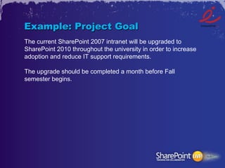 Example: Project Goal
The current SharePoint 2007 intranet will be upgraded to
SharePoint 2010 throughout the university in order to increase
adoption and reduce IT support requirements.

The upgrade should be completed a month before Fall
semester begins.
 