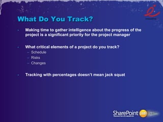 What Do You Track?
•    Making time to gather intelligence about the progress of the
     project is a significant priority for the project manager


•    What critical elements of a project do you track?
     –  Schedule
     –  Risks
     –  Changes


•    Tracking with percentages doesn’t mean jack squat
 