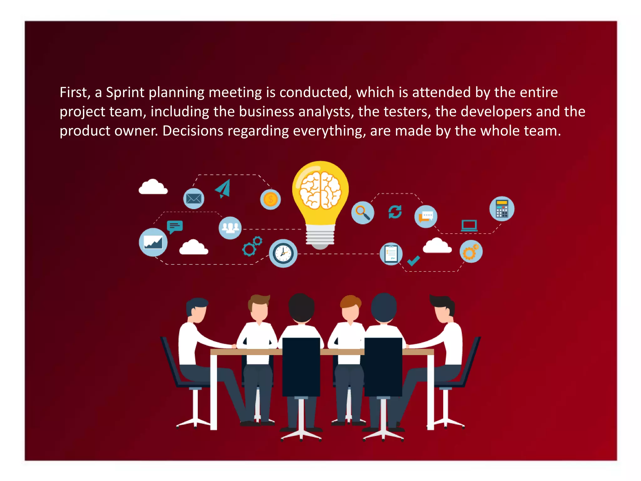 First, a Sprint planning meeting is conducted, which is attended by the entire
project team, including the business analysts, the testers, the developers and the
product owner. Decisions regarding everything, are made by the whole team.
 