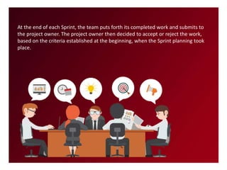 At the end of each Sprint, the team puts forth its completed work and submits to
the project owner. The project owner then decided to accept or reject the work,
based on the criteria established at the beginning, when the Sprint planning took
place.
 