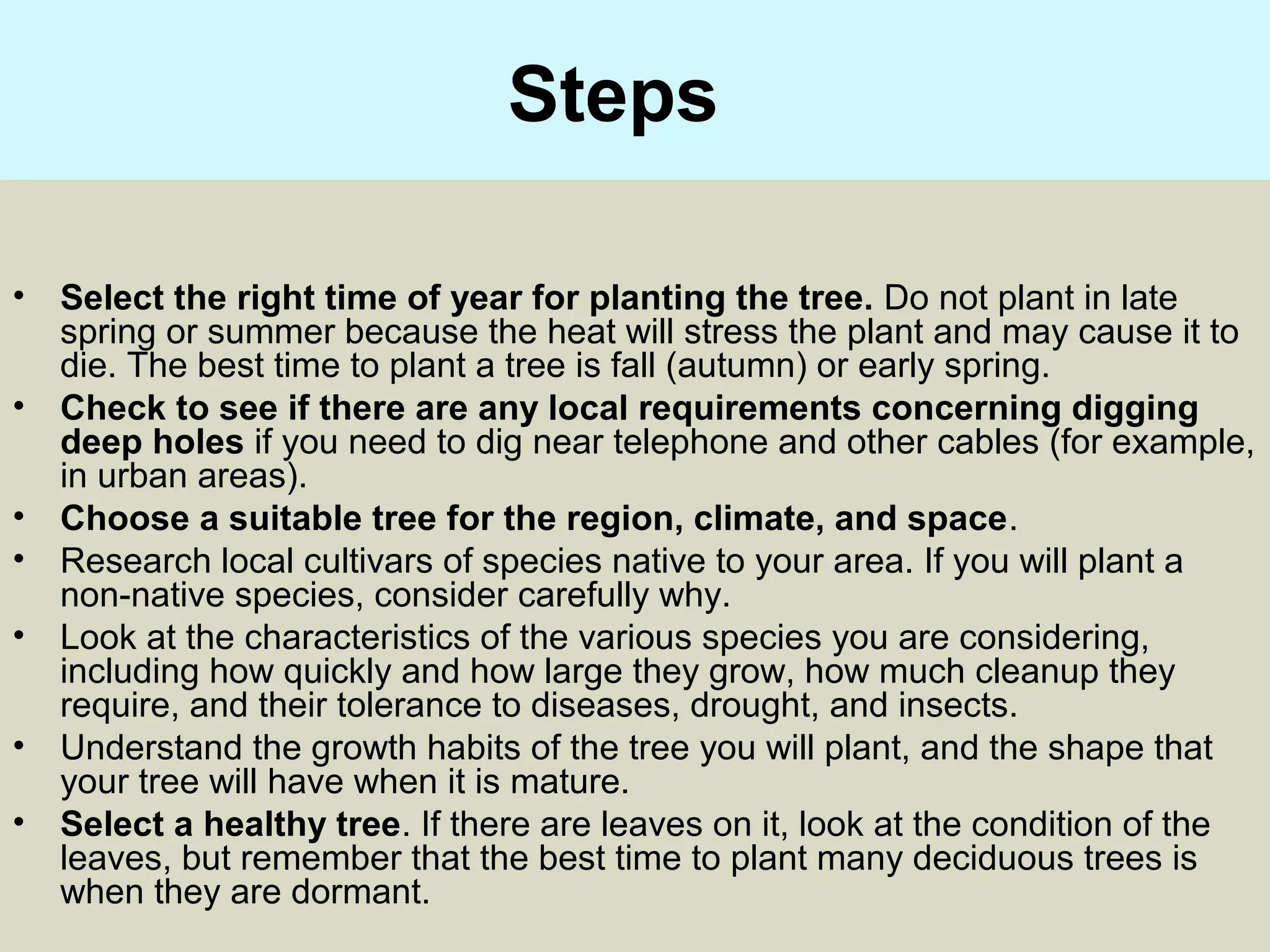 Steps
• Select the right time of year for planting the tree. Do not plant in late
spring or summer because the heat will stress the plant and may cause it to
die. The best time to plant a tree is fall (autumn) or early spring.
• Check to see if there are any local requirements concerning digging
deep holes if you need to dig near telephone and other cables (for example,
in urban areas).
• Choose a suitable tree for the region, climate, and space.
• Research local cultivars of species native to your area. If you will plant a
non-native species, consider carefully why.
• Look at the characteristics of the various species you are considering,
including how quickly and how large they grow, how much cleanup they
require, and their tolerance to diseases, drought, and insects.
• Understand the growth habits of the tree you will plant, and the shape that
your tree will have when it is mature.
• Select a healthy tree. If there are leaves on it, look at the condition of the
leaves, but remember that the best time to plant many deciduous trees is
when they are dormant.
 