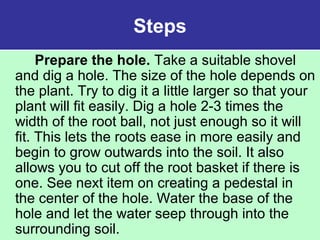 Steps
Prepare the hole. Take a suitable shovel
and dig a hole. The size of the hole depends on
the plant. Try to dig it a little larger so that your
plant will fit easily. Dig a hole 2-3 times the
width of the root ball, not just enough so it will
fit. This lets the roots ease in more easily and
begin to grow outwards into the soil. It also
allows you to cut off the root basket if there is
one. See next item on creating a pedestal in
the center of the hole. Water the base of the
hole and let the water seep through into the
surrounding soil.
 