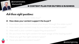 @concentricdots
#wmconf16
@watertightmkg
➊ CONTENT PLAN FOR BUYERS & BUSINESS
1. How does your buyer really buy?
2. How does your content support the buyer?
3. How does your content move your buyer through the sales cycle?
4. How does your content map to your buyer’s mental model?
5. How well is your content supporting acquisition?
6. Do you have the right content for each stage of the buying cycle?
7. Have you got the right content types?
8. Have you done a content audit?
Ask these eight questions:
 
