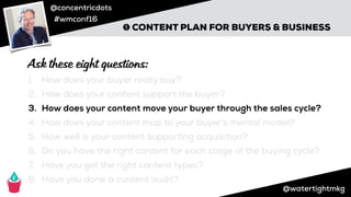 @concentricdots
#wmconf16
@watertightmkg
➊ CONTENT PLAN FOR BUYERS & BUSINESS
1. How does your buyer really buy?
2. How does your content support the buyer?
3. How does your content move your buyer through the sales cycle?
4. How does your content map to your buyer’s mental model?
5. How well is your content supporting acquisition?
6. Do you have the right content for each stage of the buying cycle?
7. Have you got the right content types?
8. Have you done a content audit?
Ask these eight questions:
 