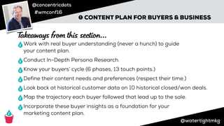 @concentricdots
#wmconf16
@watertightmkg
➊ CONTENT PLAN FOR BUYERS & BUSINESS
Work with real buyer understanding (never a hunch) to guide
your content plan.
Conduct In-Depth Persona Research.
Know your buyers’ cycle (6 phases, 13 touch points.)
Define their content needs and preferences (respect their time.)
Look back at historical customer data on 10 historical closed/won deals.
Map the trajectory each buyer followed that lead up to the sale.
Incorporate these buyer insights as a foundation for your
marketing content plan.
Takeaways from this section…
 