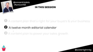 @concentricdots
#wmconf16
@watertightmkg
IN THIS SESSION
➊ A content plan that’s right for your buyers & your business
➋ A twelve month editorial calendar
➌ A content plan to power your sales growth
➌
 