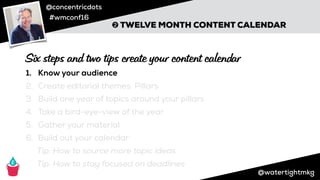 @concentricdots
#wmconf16
@watertightmkg
➋ TWELVE MONTH CONTENT CALENDAR
1. Know your audience
2. Create editorial themes: Pillars
3. Build one year of topics around your pillars
4. Take a bird-eye-view of the year
5. Gather your material
6. Build out your calendar
Tip: How to source more topic ideas
Tip: How to stay focused on deadlines
Six steps and two tips create your content calendar
 