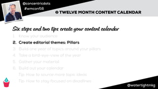 @concentricdots
#wmconf16
@watertightmkg
➋ TWELVE MONTH CONTENT CALENDAR
1. Know your audience
2. Create editorial themes: Pillars
3. Build one year of topics around your pillars
4. Take a bird-eye-view of the year
5. Gather your material
6. Build out your calendar
Tip: How to source more topic ideas
Tip: How to stay focused on deadlines
Six steps and two tips create your content calendar
 
