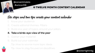 @concentricdots
#wmconf16
@watertightmkg
➋ TWELVE MONTH CONTENT CALENDAR
1. Know your audience
2. Create editorial themes: Pillars
3. Build one year of topics around your pillars
4. Take a birds-eye-view of the year
5. Gather your material
6. Build out your calendar
Tip: How to source more topic ideas
Tip: How to stay focused on deadlines
Six steps and two tips create your content calendar
 