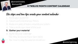 @concentricdots
#wmconf16
@watertightmkg
➋ TWELVE MONTH CONTENT CALENDAR
1. Know your audience
2. Create editorial themes: Pillars
3. Build one year of topics around your pillars
4. Take a birds-eye-view of the year
5. Gather your material
6. Build out your calendar
Tip: How to source more topic ideas
Tip: How to stay focused on deadlines
Six steps and two tips create your content calendar
 