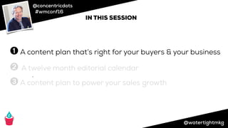 @concentricdots
#wmconf16
@watertightmkg
➌
➊ A content plan that’s right for your buyers & your business
➋ A twelve month editorial calendar
➌ A content plan to power your sales growth
IN THIS SESSION
 