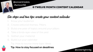@concentricdots
#wmconf16
@watertightmkg
➋ TWELVE MONTH CONTENT CALENDAR
1. Know your audience
2. Create editorial themes: Pillars
3. Build one year of topics around your pillars
4. Take a birds-eye-view of the year
5. Gather your material
6. Build out your calendar
Tip: How to source more topic ideas
Tip: How to stay focused on deadlines
Six steps and two tips create your content calendar
 