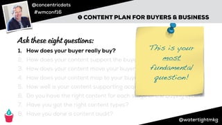 @concentricdots
#wmconf16
@watertightmkg
➊ CONTENT PLAN FOR BUYERS & BUSINESS
1. How does your buyer really buy?
2. How does your content support the buyer?
3. How does your content move your buyer through the sales cycle?
4. How does your content map to your buyer’s mental model?
5. How well is your content supporting acquisition?
6. Do you have the right content for each stage of the buying cycle?
7. Have you got the right content types?
8. Have you done a content audit?
Ask these eight questions:
This is your
most
fundamental
question!
 
