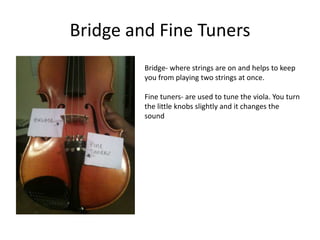Bridge and Fine Tuners
         Bridge- where strings are on and helps to keep
         you from playing two strings at once.

         Fine tuners- are used to tune the viola. You turn
         the little knobs slightly and it changes the
         sound
 