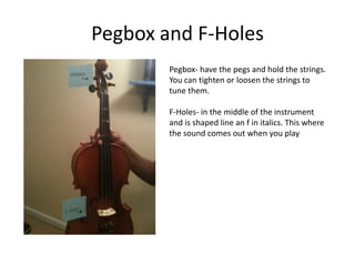 Pegbox and F-Holes
        Pegbox- have the pegs and hold the strings.
        You can tighten or loosen the strings to
        tune them.

        F-Holes- in the middle of the instrument
        and is shaped line an f in italics. This where
        the sound comes out when you play
 