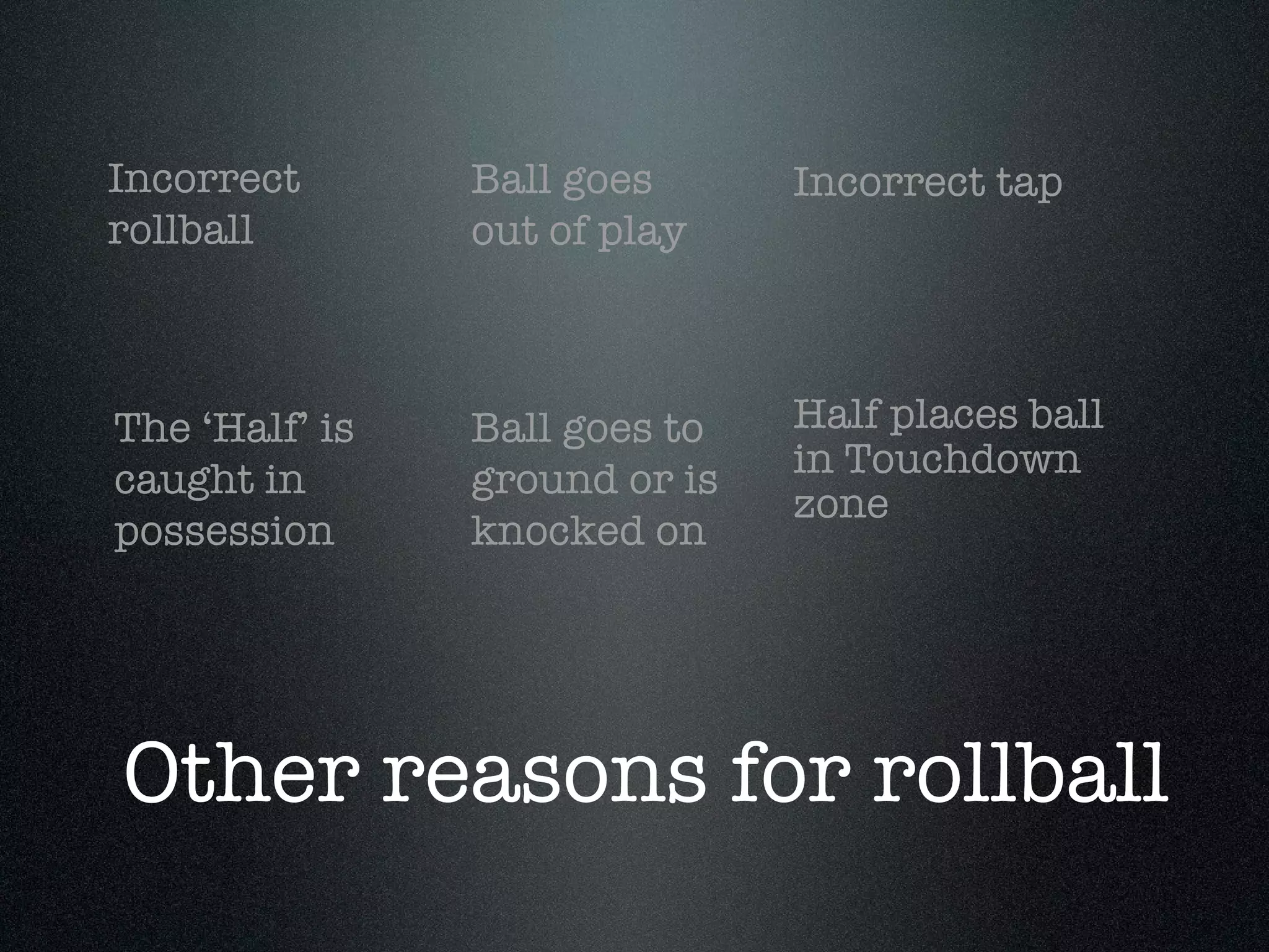 Other reasons for rollball The ‘Half’ is caught in possession Ball goes to ground or is knocked on Half places ball  in Touchdown  zone Incorrect rollball Half places ball in Touchdown zone Ball goes out of play Incorrect tap 