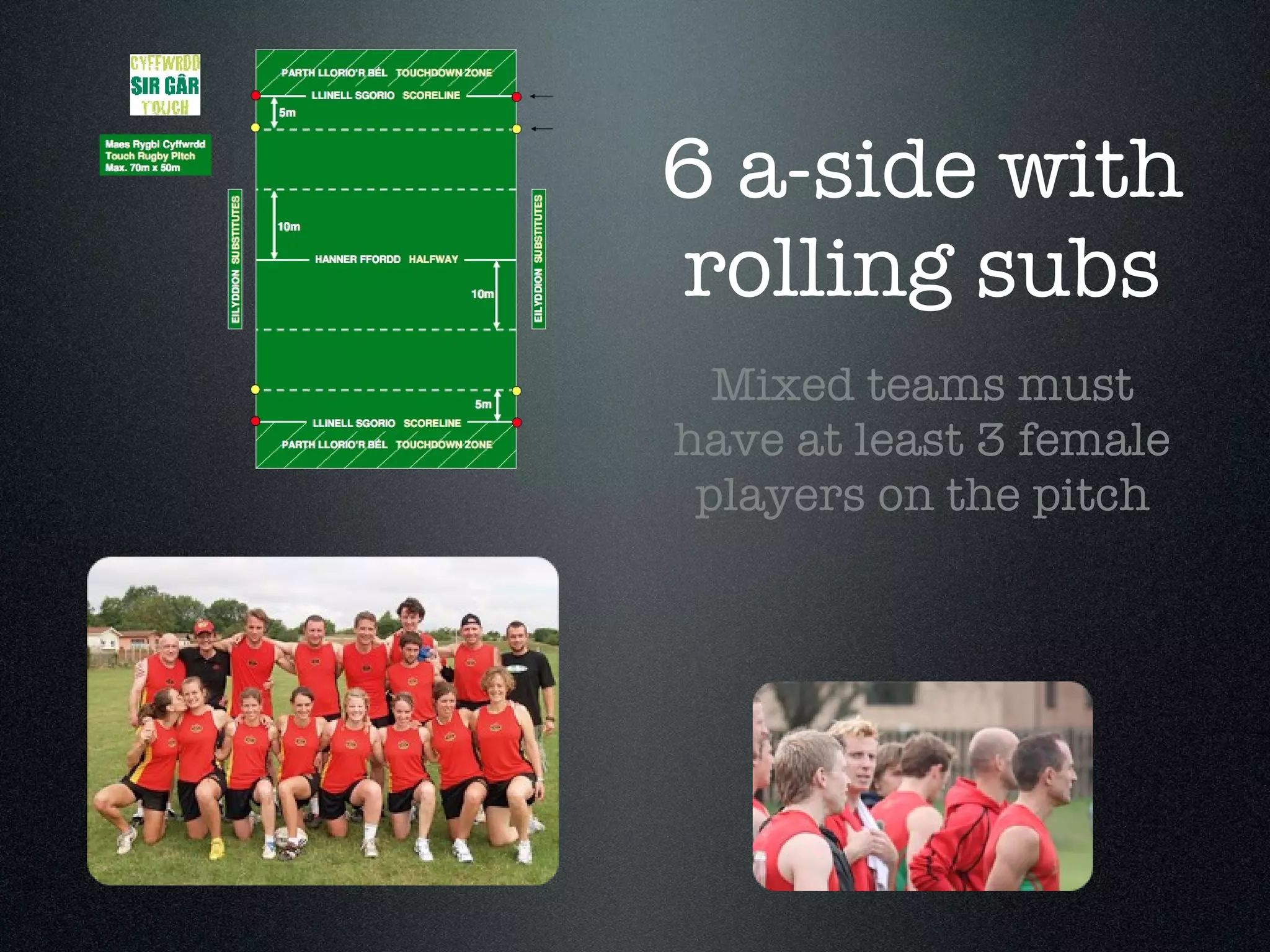 6 a-side with rolling subs Mixed teams must have at least 3 female players on the pitch 