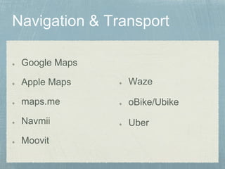 Google Maps
Apple Maps
maps.me
Navmii
Moovit
Waze
oBike/Ubike
Uber
 