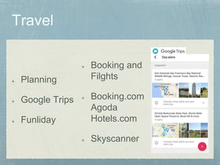Planning
Google Trips
Funliday
Booking and
Filghts
Booking.com
Agoda
Hotels.com
Skyscanner
 