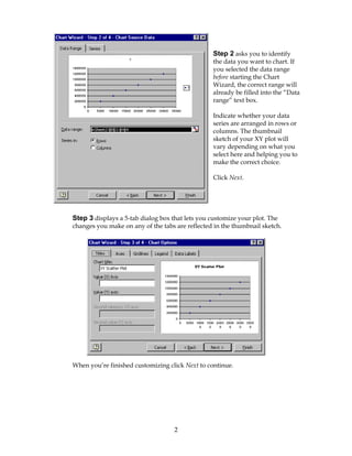 2
Step 2 asks you to identify
the data you want to chart. If
you selected the data range
before starting the Chart
Wizard, the correct range will
already be filled into the “Data
range” text box.
Indicate whether your data
series are arranged in rows or
columns. The thumbnail
sketch of your XY plot will
vary depending on what you
select here and helping you to
make the correct choice.
Click Next.
Step 3 displays a 5-tab dialog box that lets you customize your plot. The
changes you make on any of the tabs are reflected in the thumbnail sketch.
When you’re finished customizing click Next to continue.
 