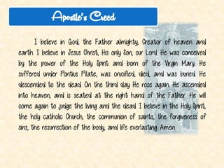 Joyful 
Sorrowful 
Glorious 
Luminous 
1.The Resurrection of Jesus from the Dead 
2.The Ascension of Jesus into Heaven 
3.The Descent of the Holy Spirit 
4.The Assumption of Mary into Heaven 
5.The Coronation of Mary Queen of Heaven and Earth 
Wednesday and Sunday  