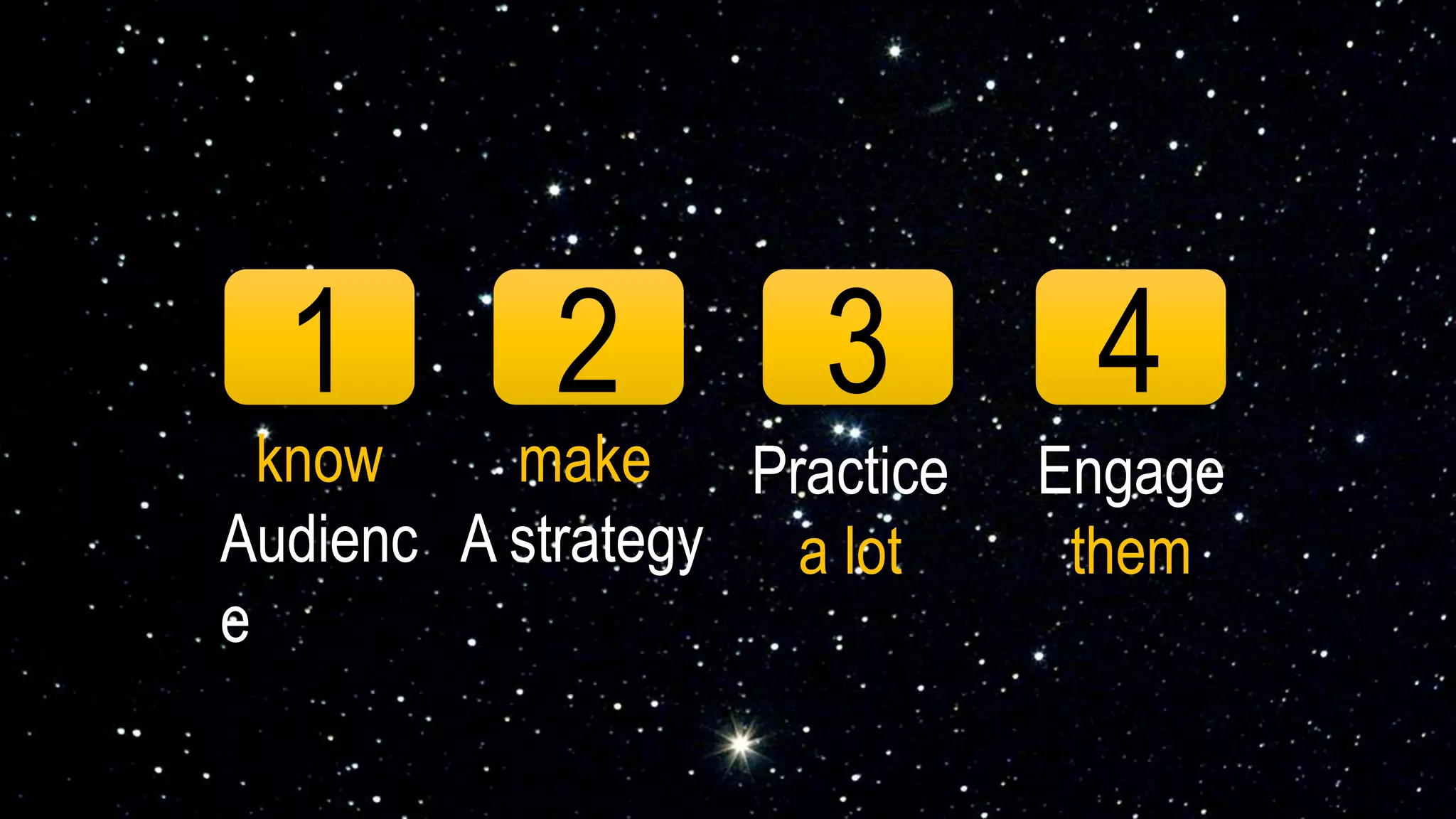 1
know
Audienc
e
2
make
A strategy
3
Practice
a lot
4
Engage
them
 