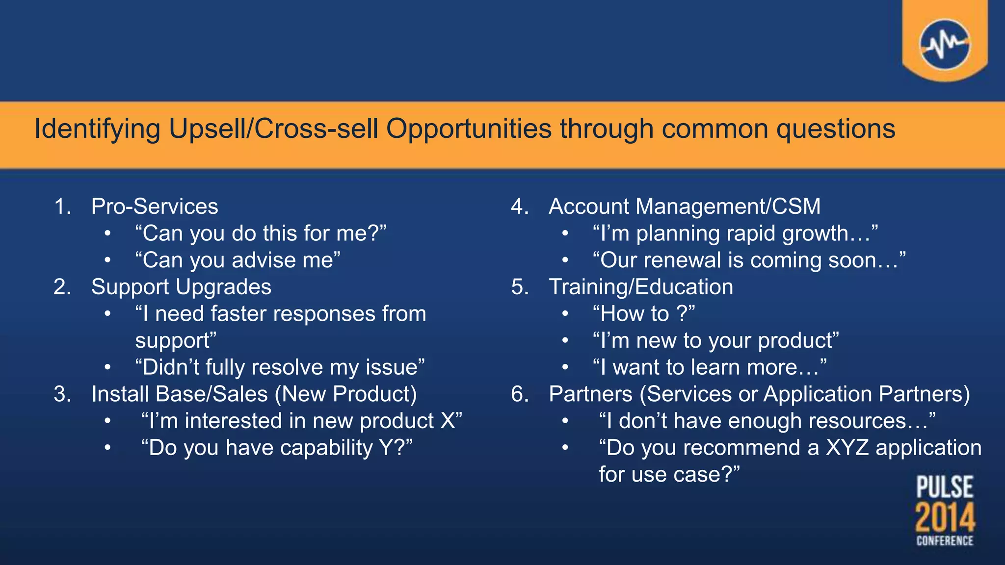 Identifying Upsell/Cross-sell Opportunities through common questions
1. Pro-Services
• “Can you do this for me?”
• “Can you advise me”
2. Support Upgrades
• “I need faster responses from
support”
• “Didn‟t fully resolve my issue”
3. Install Base/Sales (New Product)
• “I‟m interested in new product X”
• “Do you have capability Y?”
4. Account Management/CSM
• “I‟m planning rapid growth…”
• “Our renewal is coming soon…”
5. Training/Education
• “How to ?”
• “I‟m new to your product”
• “I want to learn more…”
6. Partners (Services or Application Partners)
• “I don‟t have enough resources…”
• “Do you recommend a XYZ application
for use case?”
 