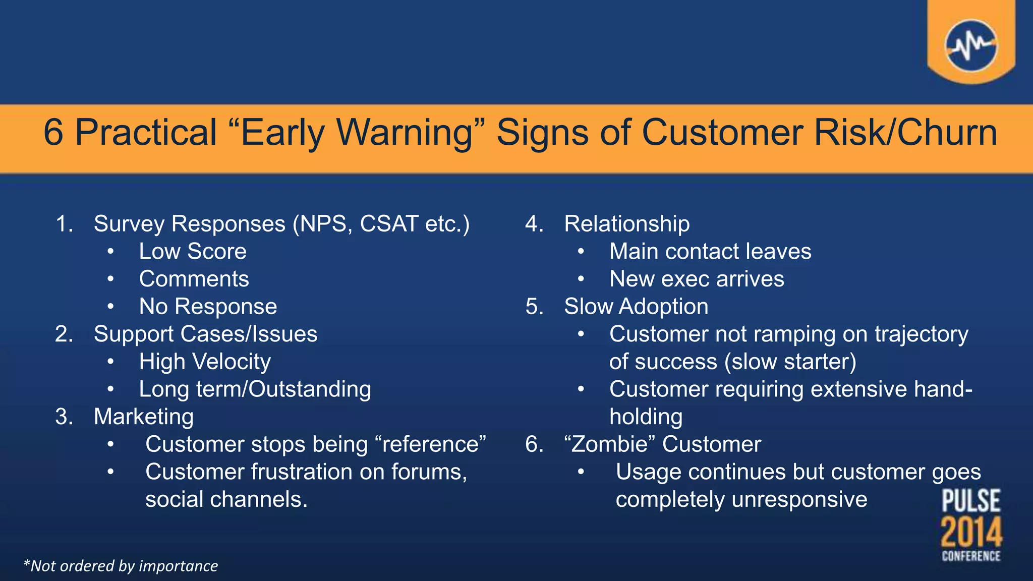 6 Practical “Early Warning” Signs of Customer Risk/Churn
1. Survey Responses (NPS, CSAT etc.)
• Low Score
• Comments
• No Response
2. Support Cases/Issues
• High Velocity
• Long term/Outstanding
3. Marketing
• Customer stops being “reference”
• Customer frustration on forums,
social channels.
4. Relationship
• Main contact leaves
• New exec arrives
5. Slow Adoption
• Customer not ramping on trajectory
of success (slow starter)
• Customer requiring extensive hand-
holding
6. “Zombie” Customer
• Usage continues but customer goes
completely unresponsive
*Not ordered by importance
 