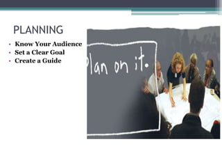 PLANNING
• Know Your Audience
• Set a Clear Goal
• Create a Guide