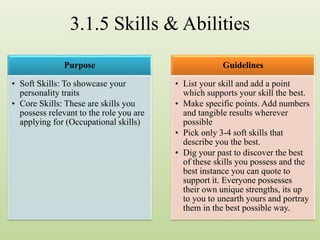 3.1.5 Skills & Abilities
Purpose
• Soft Skills: To showcase your
personality traits
• Core Skills: These are skills you
possess relevant to the role you are
applying for (Occupational skills)
Guidelines
• List your skill and add a point
which supports your skill the best.
• Make specific points. Add numbers
and tangible results wherever
possible
• Pick only 3-4 soft skills that
describe you the best.
• Dig your past to discover the best
of these skills you possess and the
best instance you can quote to
support it. Everyone possesses
their own unique strengths, its up
to you to unearth yours and portray
them in the best possible way.
 