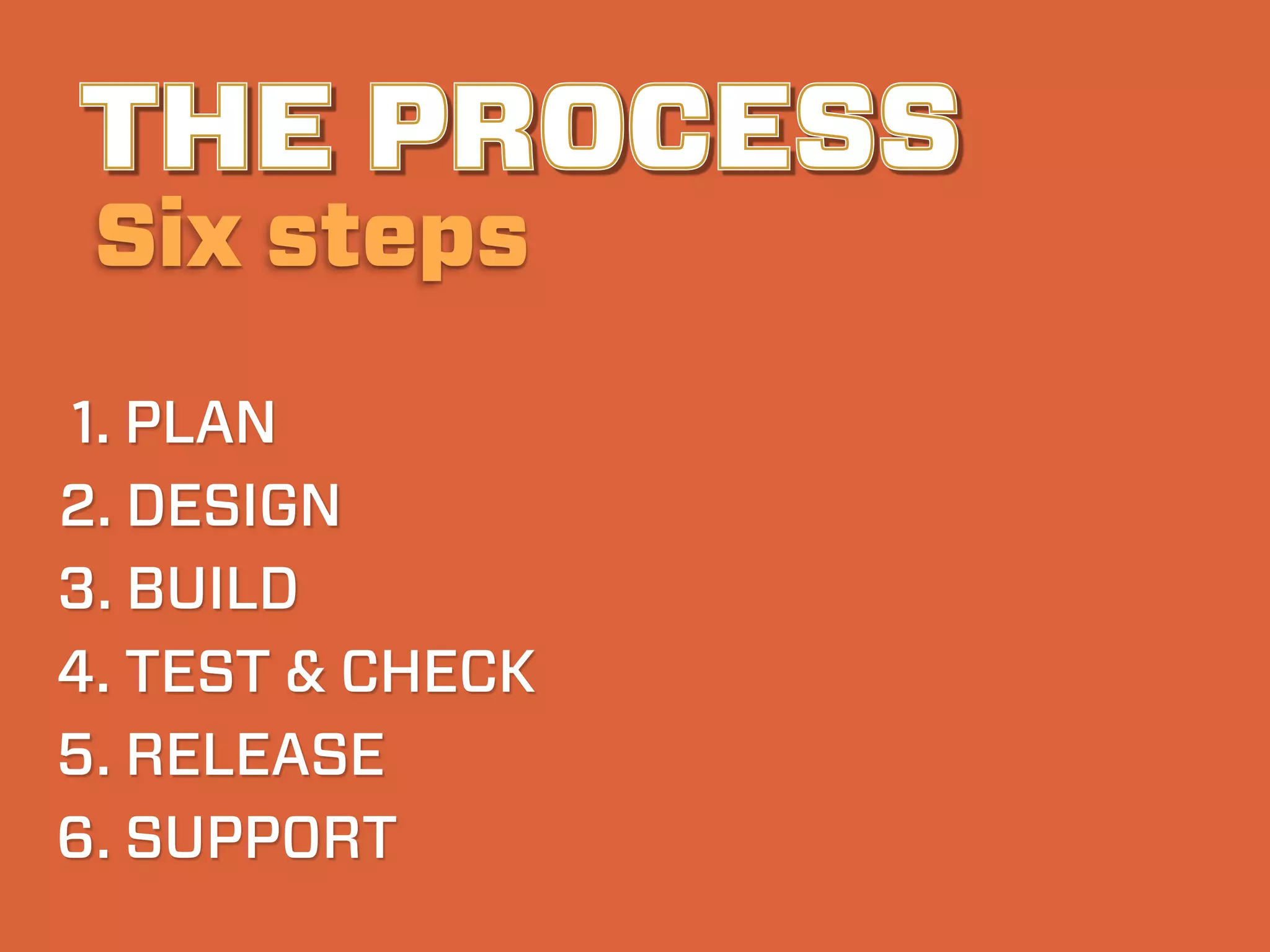 THE PROCESS
 Six steps
1. PLAN
2. DESIGN
3. BUILD
4. TEST & CHECK
5. RELEASE
6. SUPPORT
 