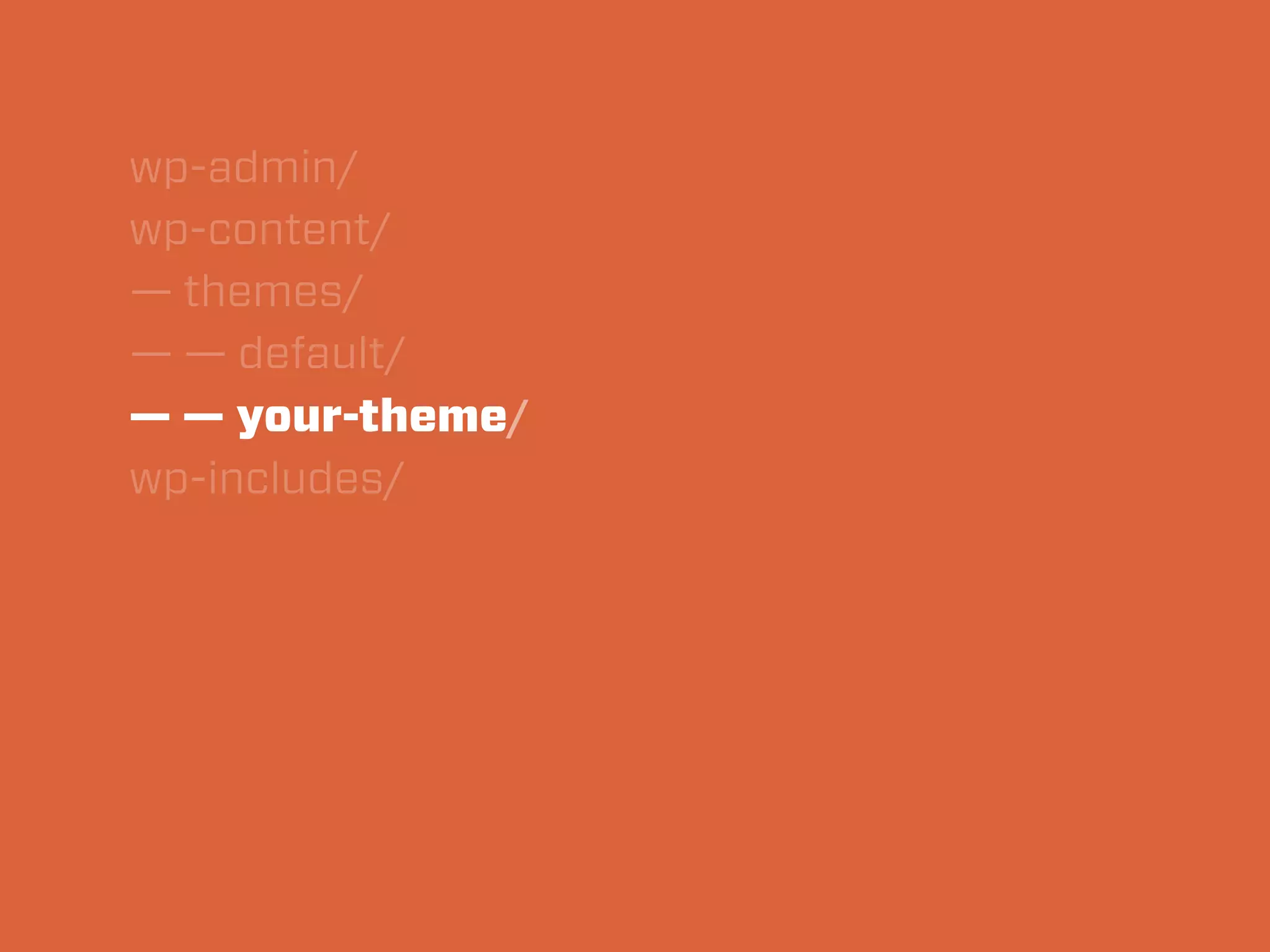 wp-admin/
wp-content/
— themes/
— — default/
— — your-theme/
wp-includes/
 