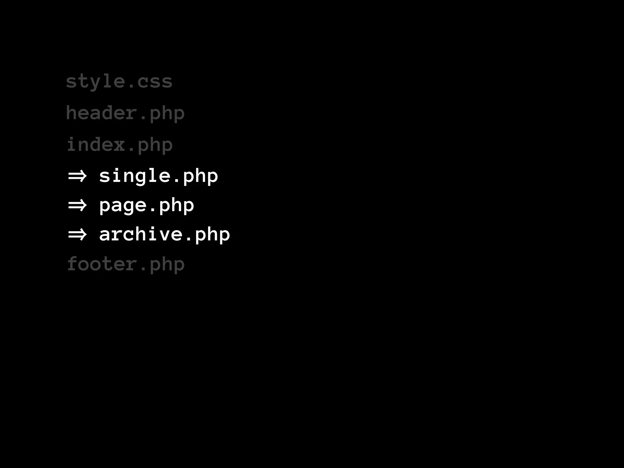 style.css
header.php
index.php
   single.php
   page.php
   archive.php
footer.php
 