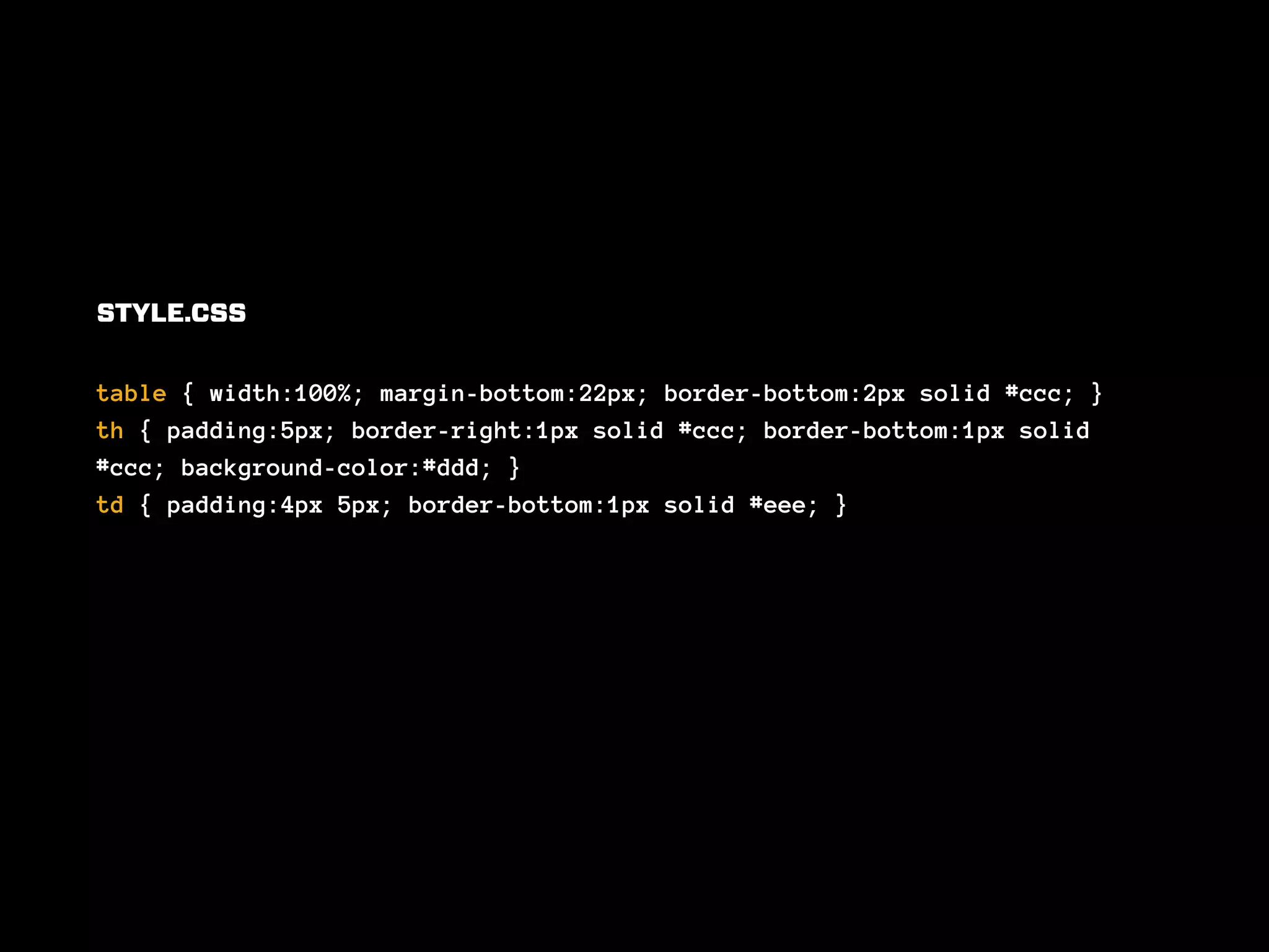 STYLE.CSS


table { width:100%; margin-bottom:22px; border-bottom:2px solid #ccc; }
th { padding:5px; border-right:1px solid #ccc; border-bottom:1px solid
#ccc; background-color:#ddd; }
td { padding:4px 5px; border-bottom:1px solid #eee; }
 