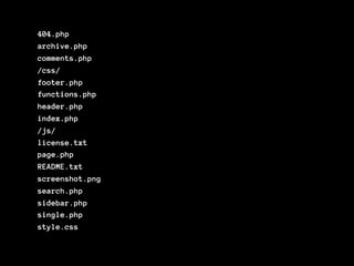 404.php
archive.php
comments.php
/css/
footer.php
functions.php
header.php
index.php
/js/
license.txt
page.php
README.txt
screenshot.png
search.php
sidebar.php
single.php
style.css
 