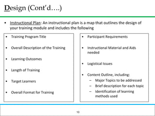 What formative and evaluation instruments need to be created?Designing a Training ModuleWhat do they expect?