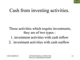 Cash from investing activities.  Those activities which require investments, they are of two types :  1. investment activities with cash inflow  2.  investment activities with cash outflow  