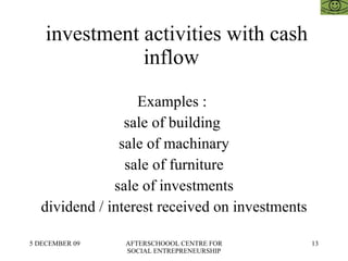 investment activities with cash inflow  Examples :  sale of building  sale of machinary sale of furniture sale of investments dividend / interest received on investments 