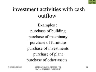investment activities with cash outflow  Examples :  purchase of building purchase of machinary purchase of furniture purchase of investments purchase of plant purchase of other assets.. 