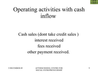 Operating activities with cash inflow  Cash sales (dont take credit sales )  interest received fees received other payment received.  