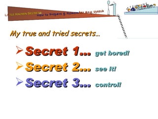 My true and tried secrets… Secret 1…  get bored! Secret 2…  see it! Secret 3…  control! Lit tle Known Secrets   for How to Prepare & Remem ber   any speech 